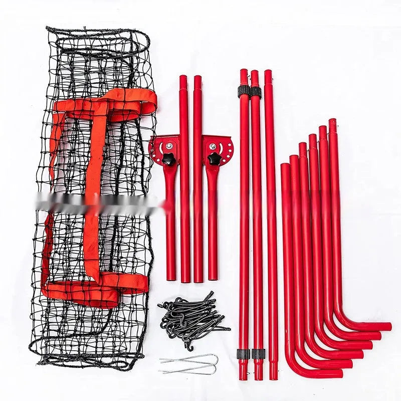Red portable baseball training net with adjustable metal frame, shown folded for transport.