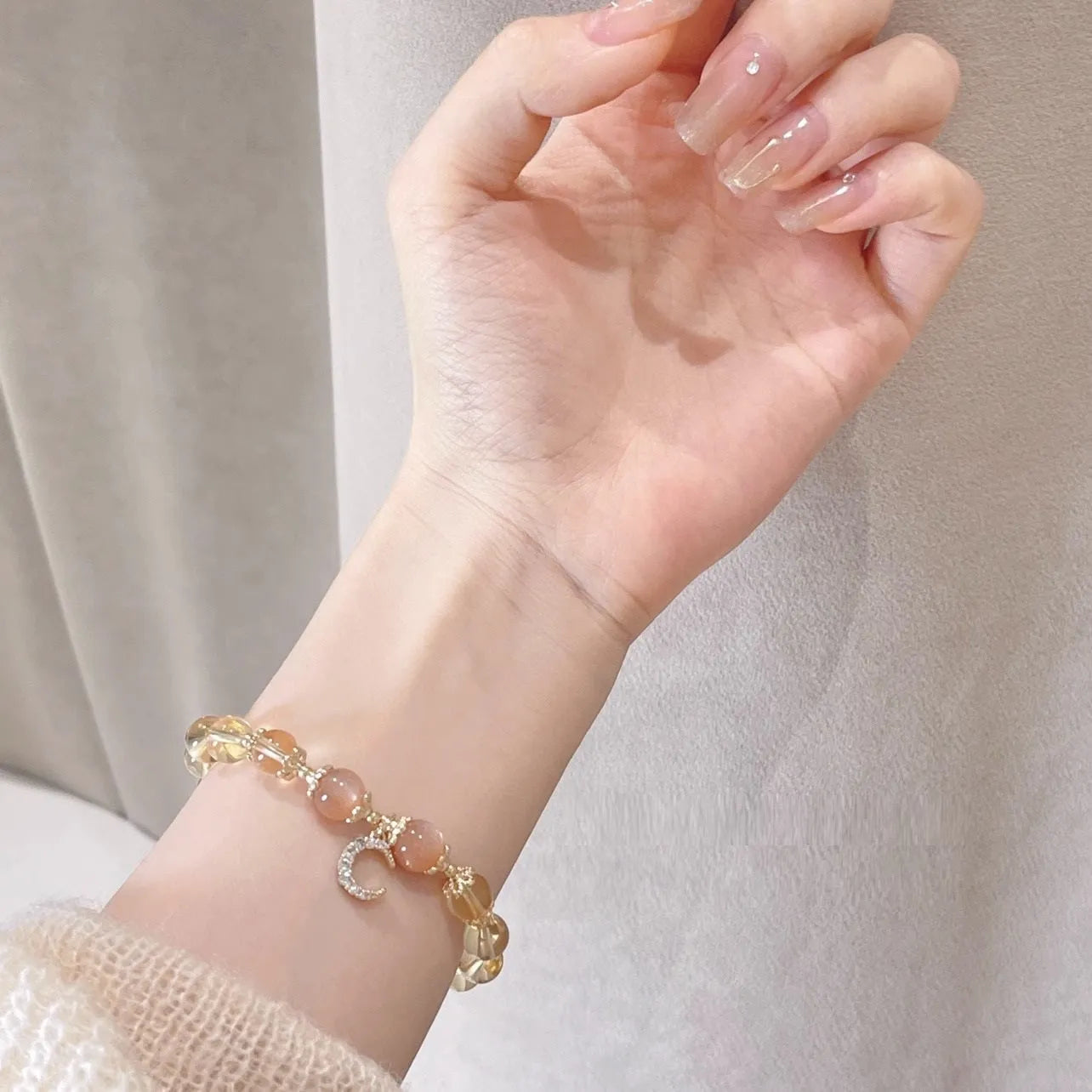 Women's moonstone and citrine crystal bracelet with 14K gold electroplated Chinese style diamond pattern design