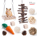 Assorted wooden chew toys for small pets including balls and mats on a natural background