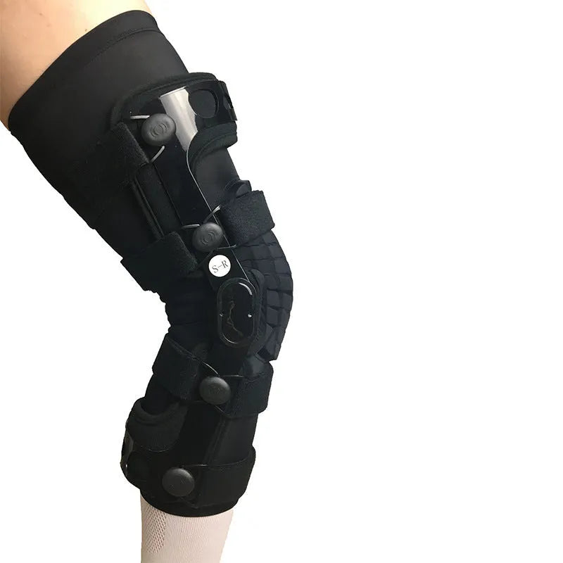 Black anterior ligament knee pad supporter showing left and right knee sizing options