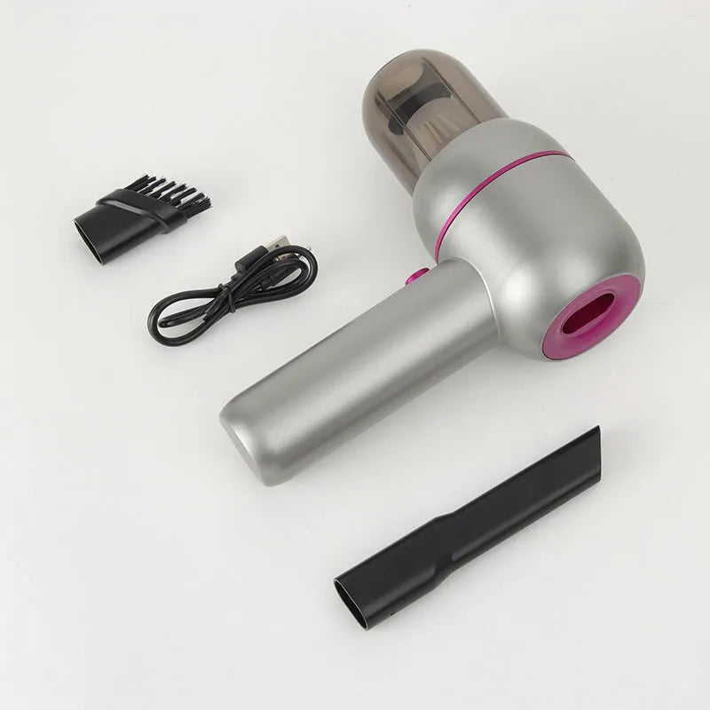 Grey handheld portable car cleaner with rechargeable battery, dust bin, and suction nozzles