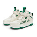 Children's street sneakers with buckle closure in beige green, blue, white and purple, or white powder.