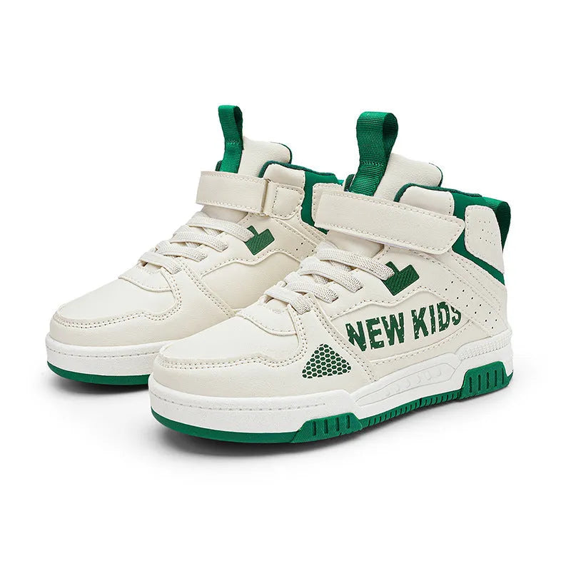 Children's street sneakers with buckle closure in beige green, blue, white and purple, or white powder.