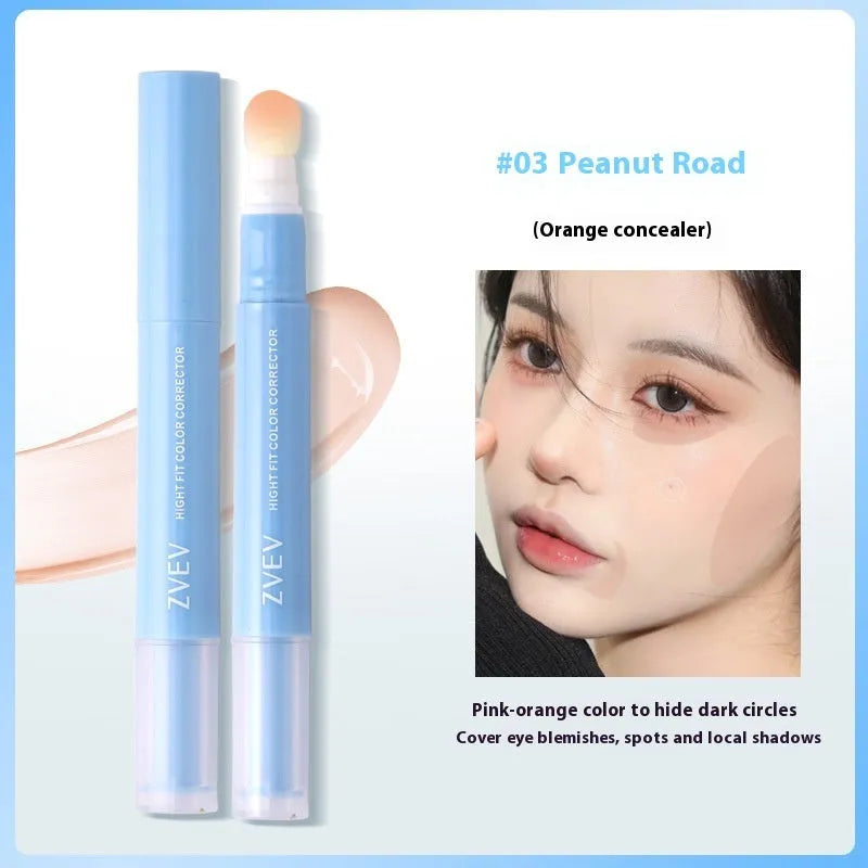 Concealer pen with sponge brush head applicator showing brightening, pink flesh, and flesh colour shades.