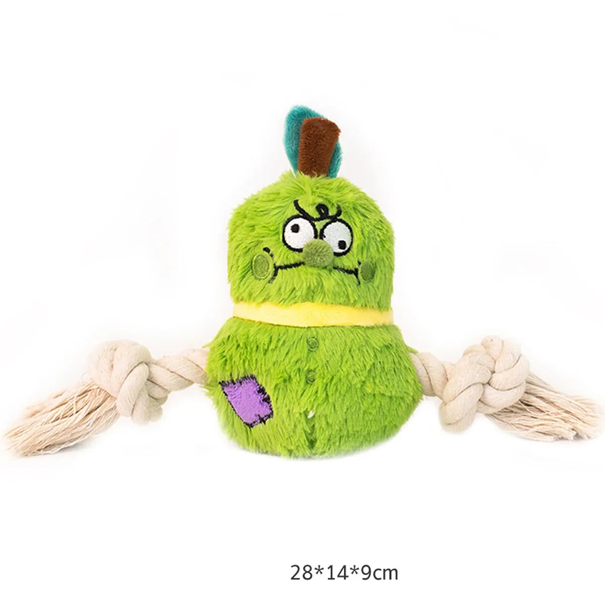 Green and purple interactive dog toy with cotton rope knots and a soft plush centre.