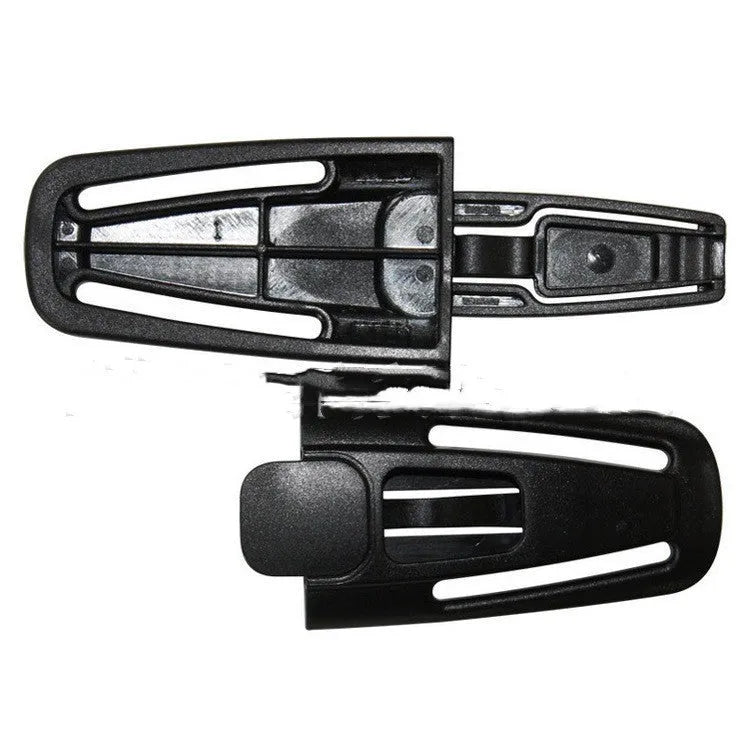 Black nylon child safety seat harness buckle clip for 5-point systems, measuring 14.5cm long.