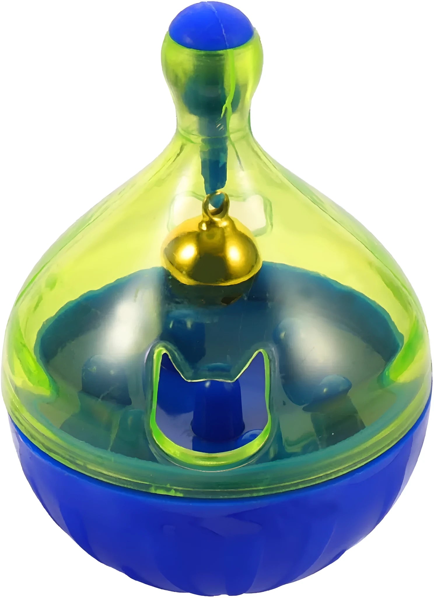 Blue tumbler-shaped interactive treat dispenser ball for dogs and cats on floor