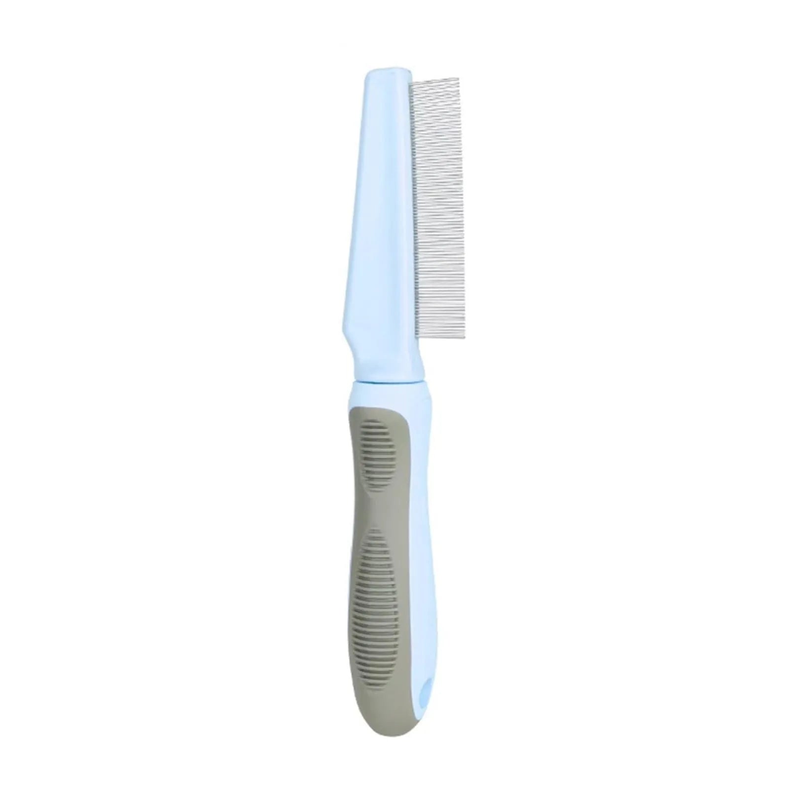 Blue pet detangler comb with multiple needle types and a rubber handle for grooming dogs and cats