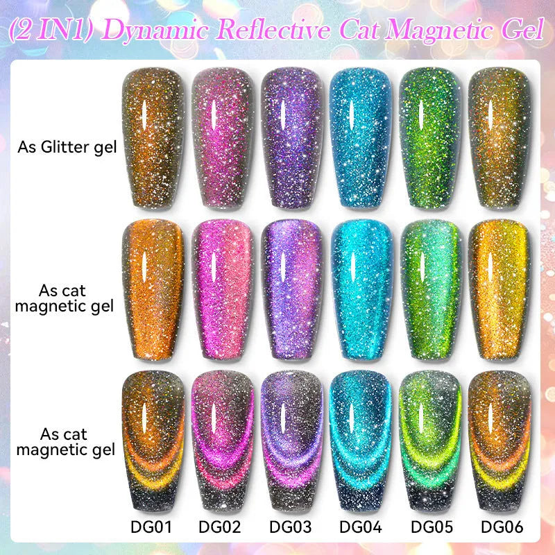 Cat eye UV gel nail polish bottles showing six fluorescent colours with diamond glitter fragments