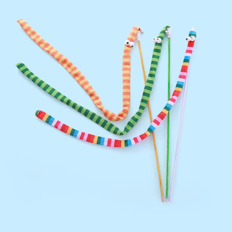 Cat wand toy with polycarbonate handle and long plush strip in vivid colours