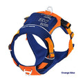 Orange-blue nylon dog chest strap vest style hand rope shown on size chart S M L XL.