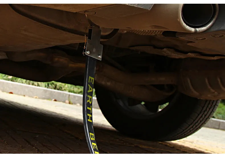 Black car electrostatic grounding belt with metal chain end, 370mm long, for saloon, SUV and van use.