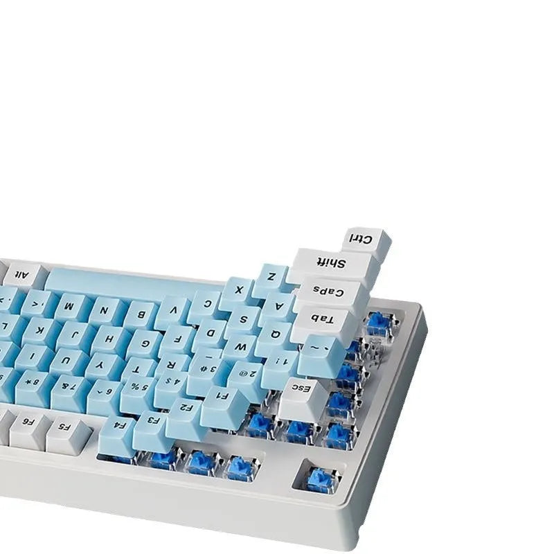 Wireless mechanical keyboard with three connection modes, shown in a choice of 87-key or 108-key layouts and various colour themes.