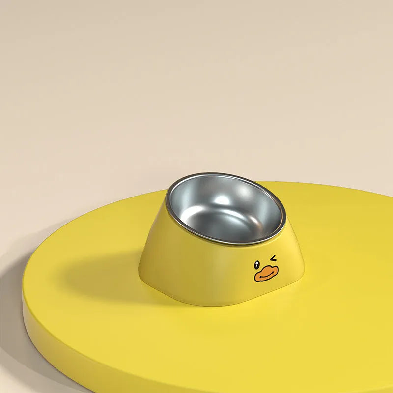 Green 15-degree tilted stainless steel cat bowl with fall-resistant base for cervical spine protection