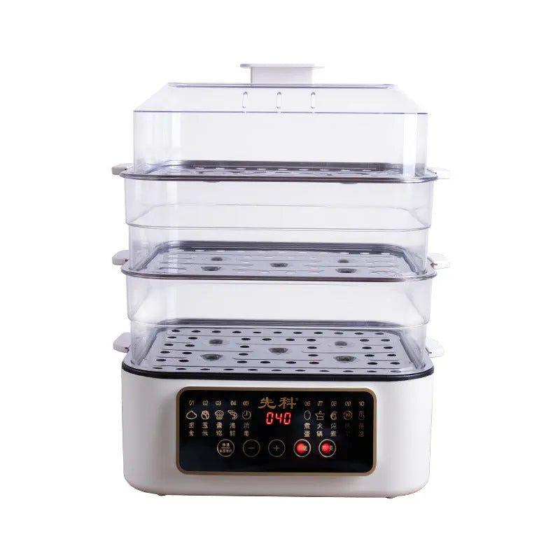 Stainless steel household electric steamer appliance with digital display and steaming rack.
