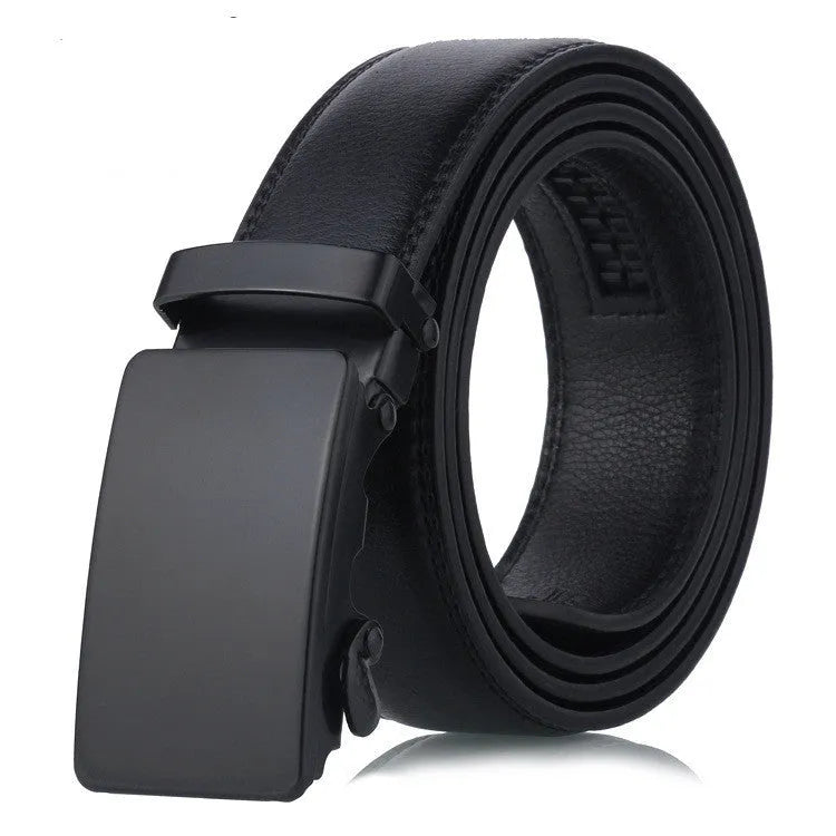 Black sliding buckle men's belt with automatic fastening and iron buckle on neutral background