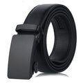 Black sliding buckle men's belt with automatic fastening and iron buckle on neutral background