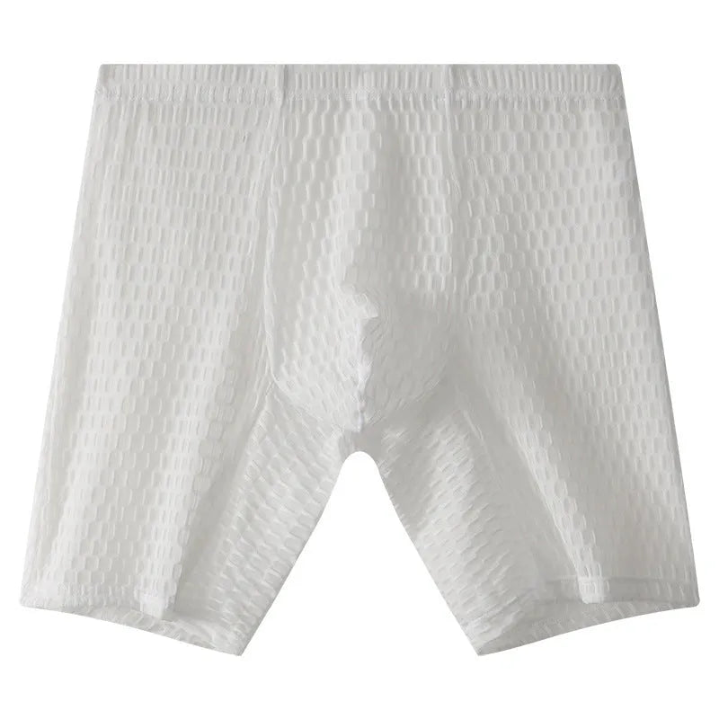 Men's transparent lace boxer shorts in white colour showing mid-waist and lengthened design