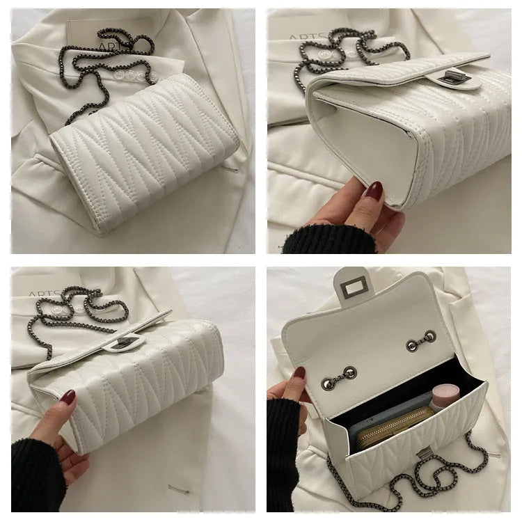 Retro textured diamond pattern small PU leather bag in a horizontal square shape, shown in beige colour.