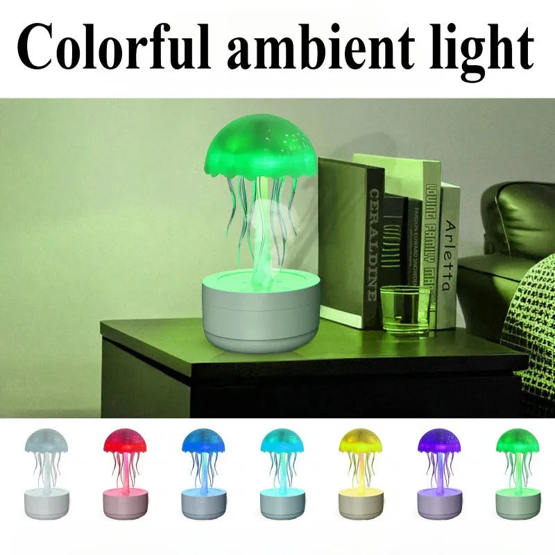 White jellyfish-shaped desktop humidifier and essential oil diffuser with colourful night light on.