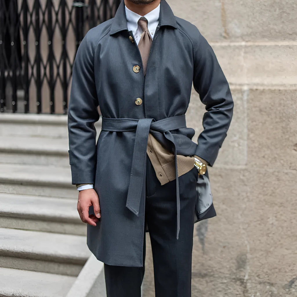 Wool winter trench coat single-breasted in dark blue with 30% wool polyester blend, leisure style