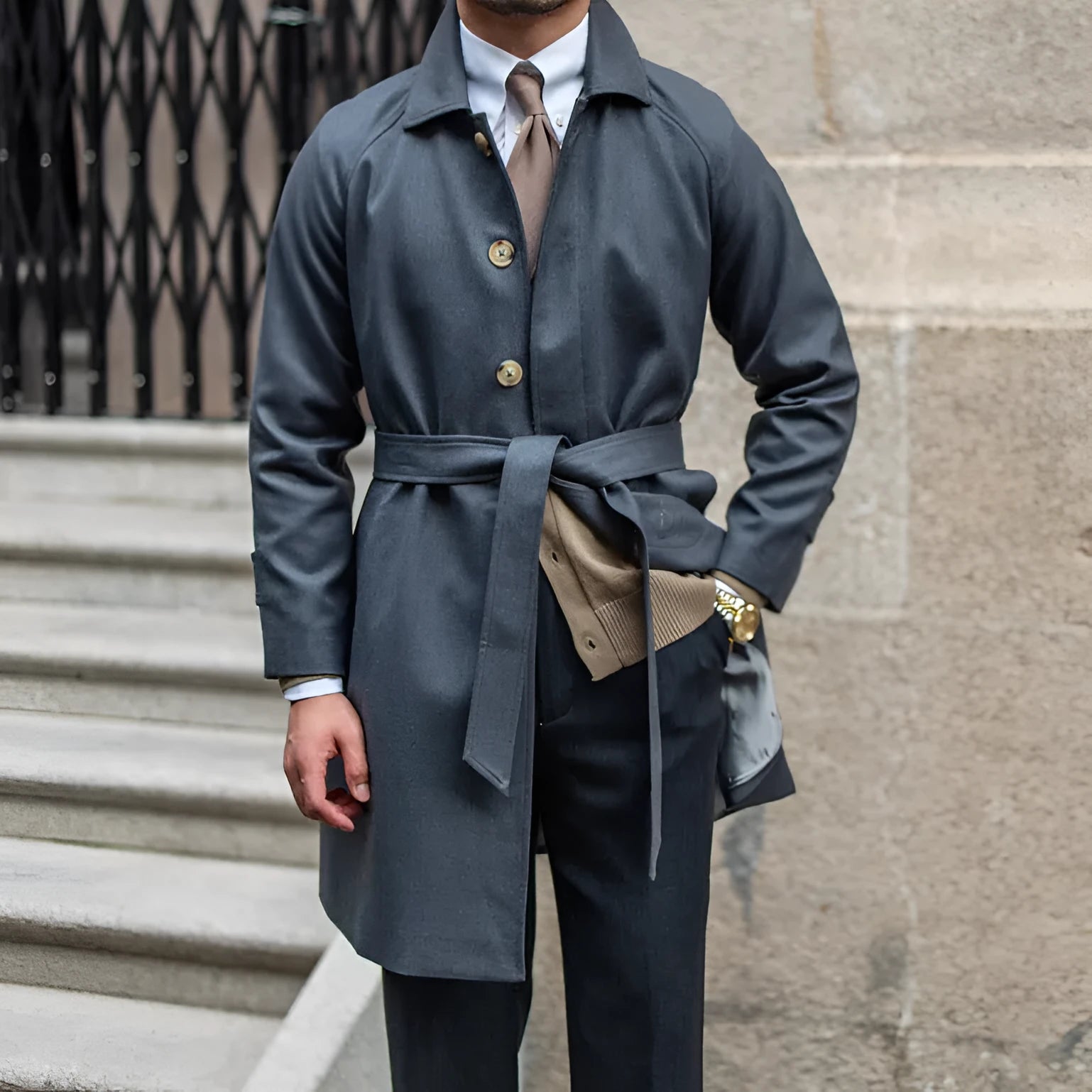 Wool winter trench coat single-breasted in dark blue with 30% wool polyester blend, leisure style