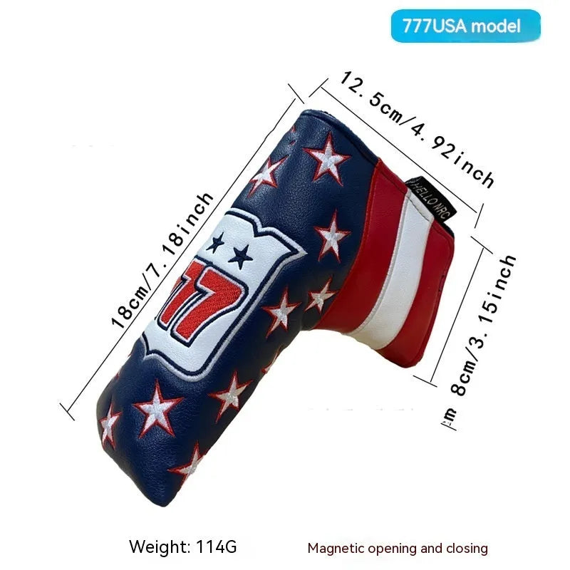 Golf putter sleeve in a themed design with PU waterproof fabric exterior and fleece lining.
