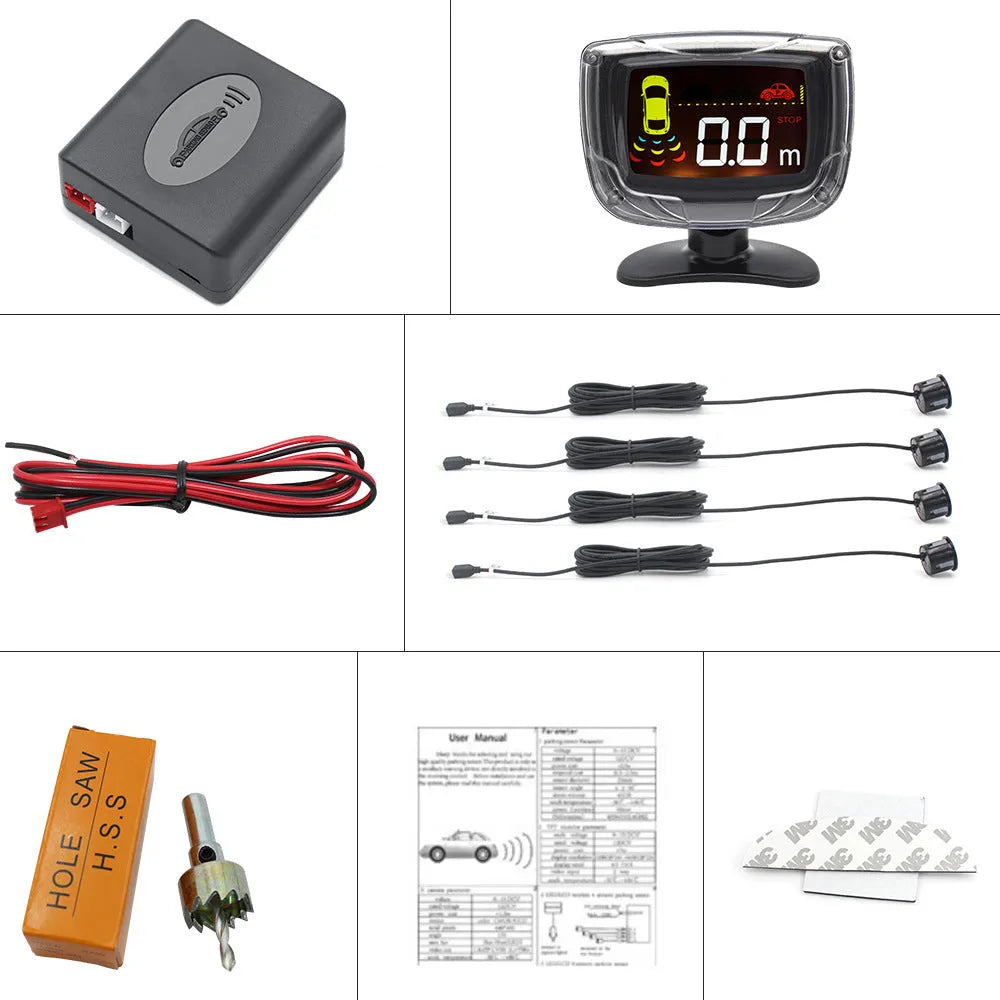 Wireless car reversing sensor kit with main unit, four probes, LED display, and installation tools.