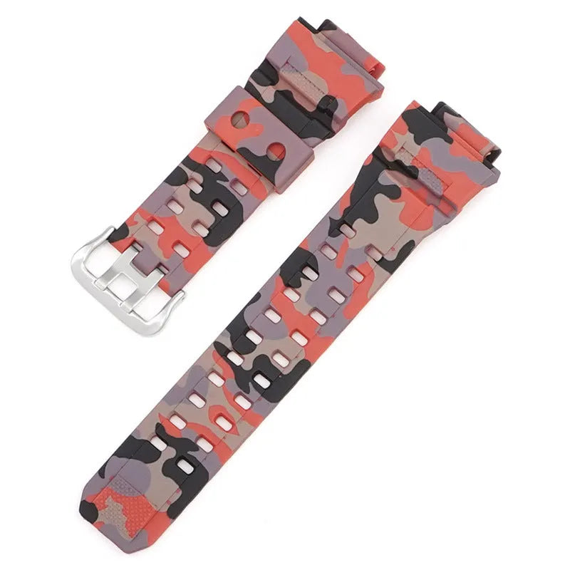 Camouflage pattern TPU watch strap with silver buckle closure shown in multiple colour options