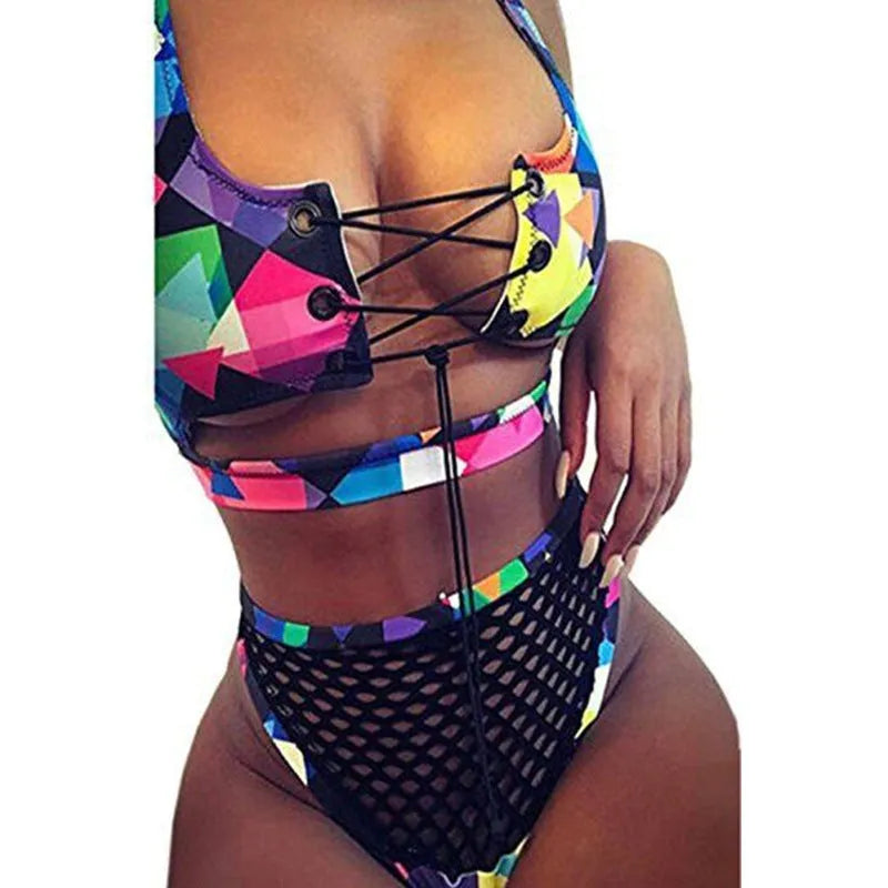 Women's cross strap fishnet high waist bikini set in multicolor checkered pattern, polyester swimsuit with top and shorts