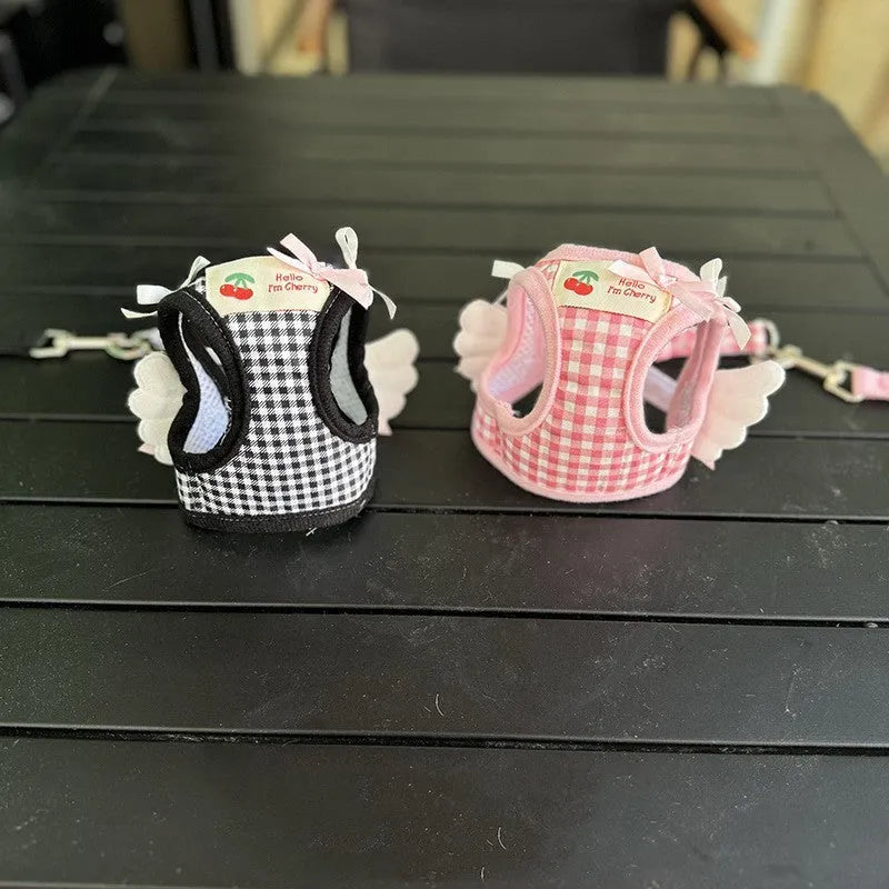 Pink and black cotton chest-back harness with integrated hand-holding rope for small dogs