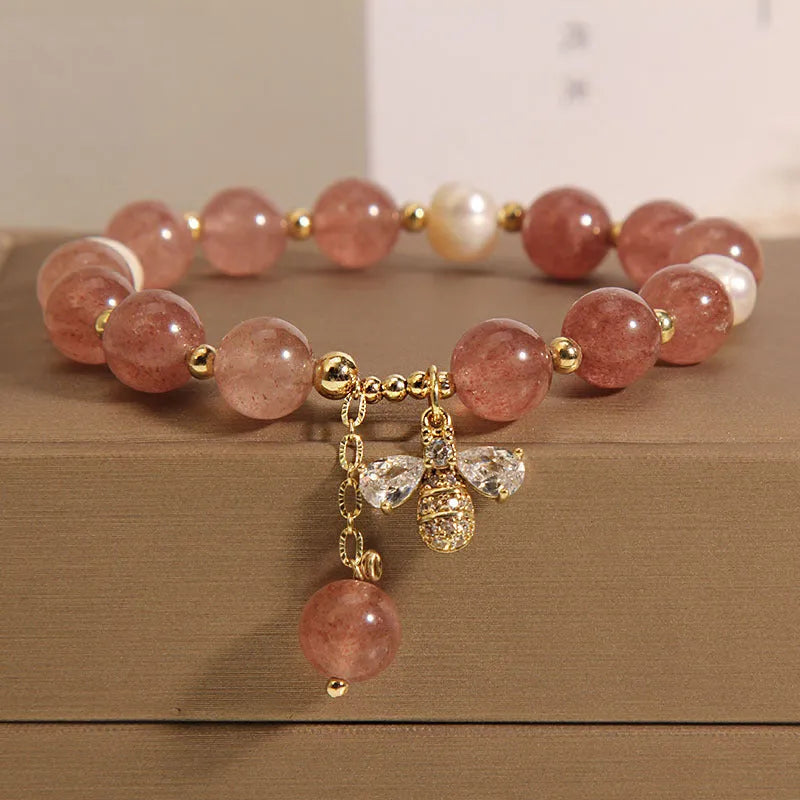 Women's strawberry quartz freshwater pearl bracelet with alloy beads and zircon accents