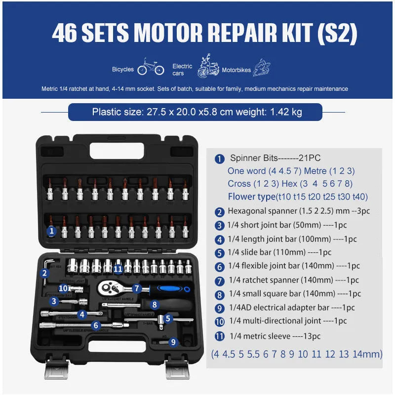 Chromium vanadium steel socket ratchet wrench set with multiple sockets in a case.
