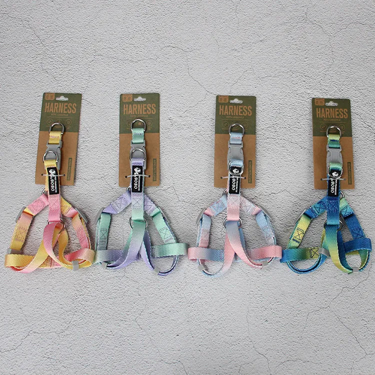 Gradient colour nylon dog leash and harness set shown in pink and blue combination.