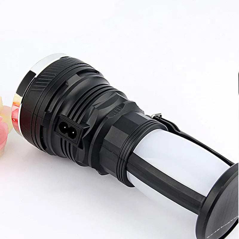 Black solar charging LED flashlight with USB port and press switch on ABS body