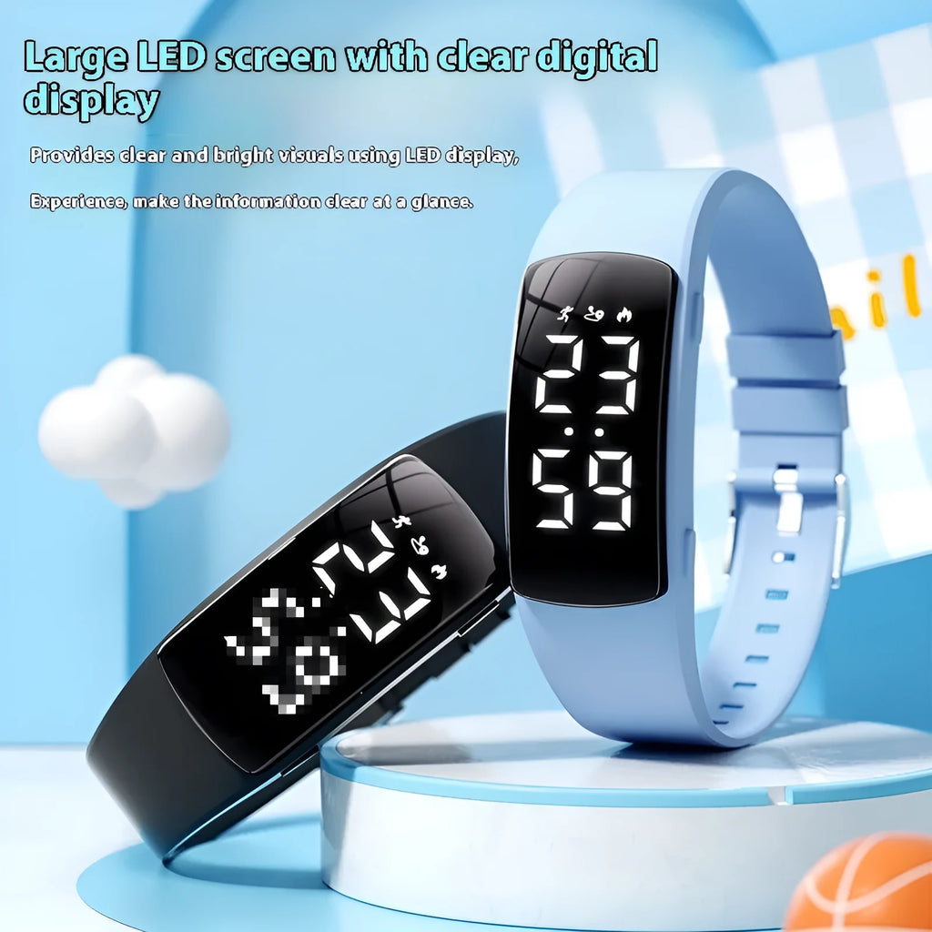 Electronic vibration alarm watch with LED display and silicone strap showing waterproof rating of 50 metres