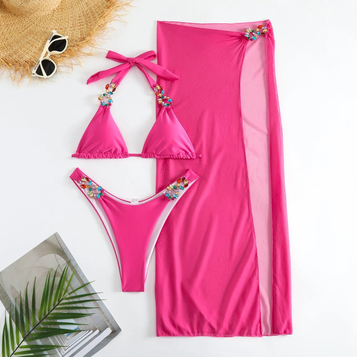 Light diamond mesh three piece swimsuit bikini with long skirt in Rose Red or Yellow
