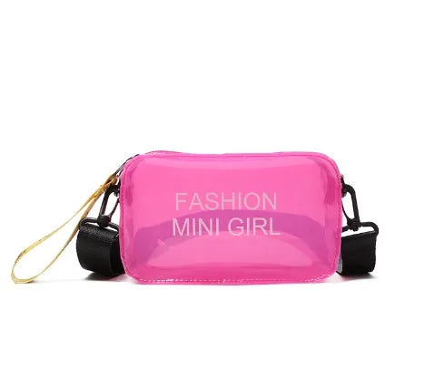 Transparent square women's shoulder bag in jelly material with a diagonal cross strap, showing internal mobile phone pocket.