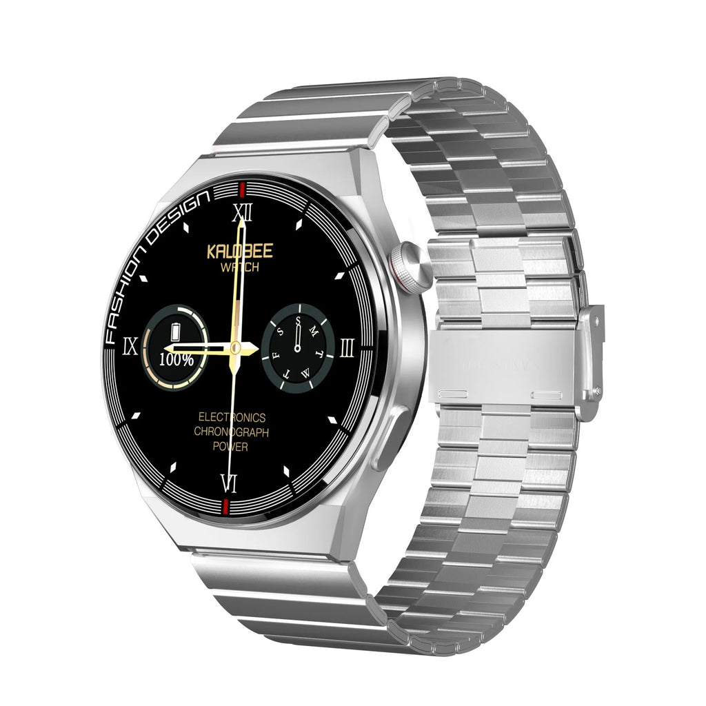 Smartwatch with black case and silicone strap showing Bluetooth calling and health monitoring features