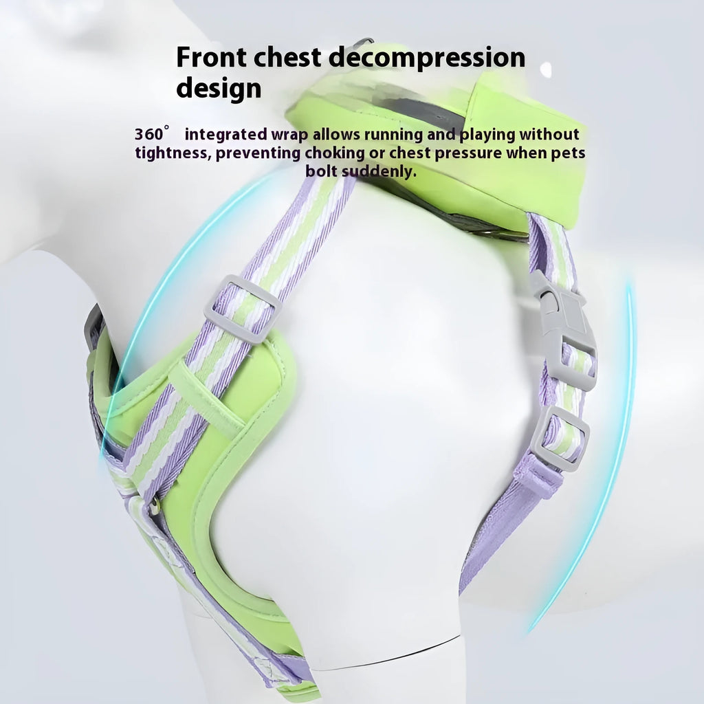 Explosion-proof anti-strangulation pet harness in green colour with adjustable chest design and attached holding rope