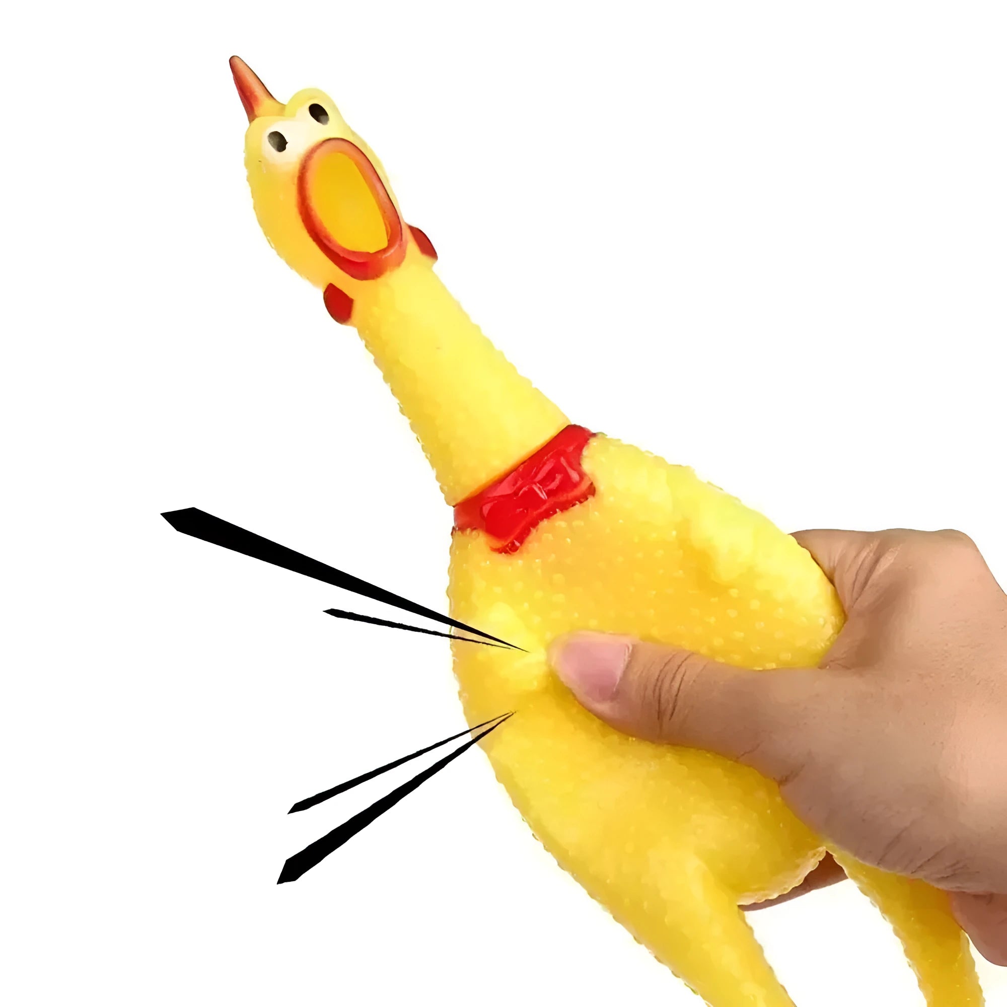 Yellow rubber screaming chicken dog squeak toy in three different sizes.