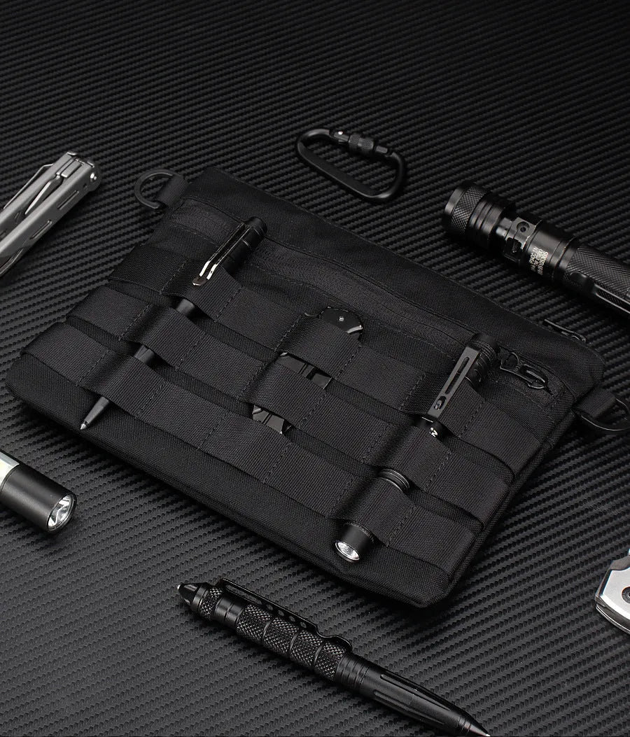 Black Oxford cloth tactical outdoor pouch measuring 18 by 3.5 centimetres