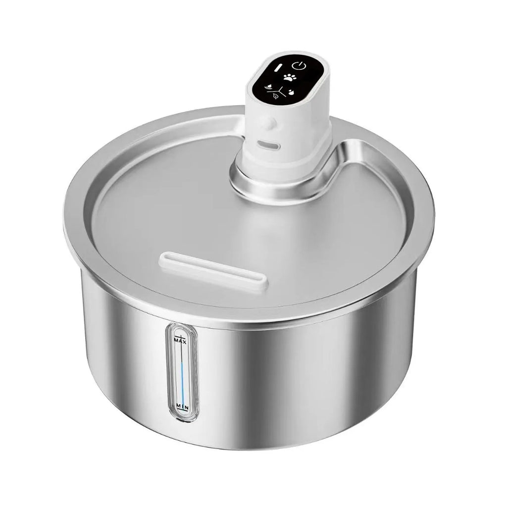 White stainless steel pet water fountain with temperature control base for cats and dogs