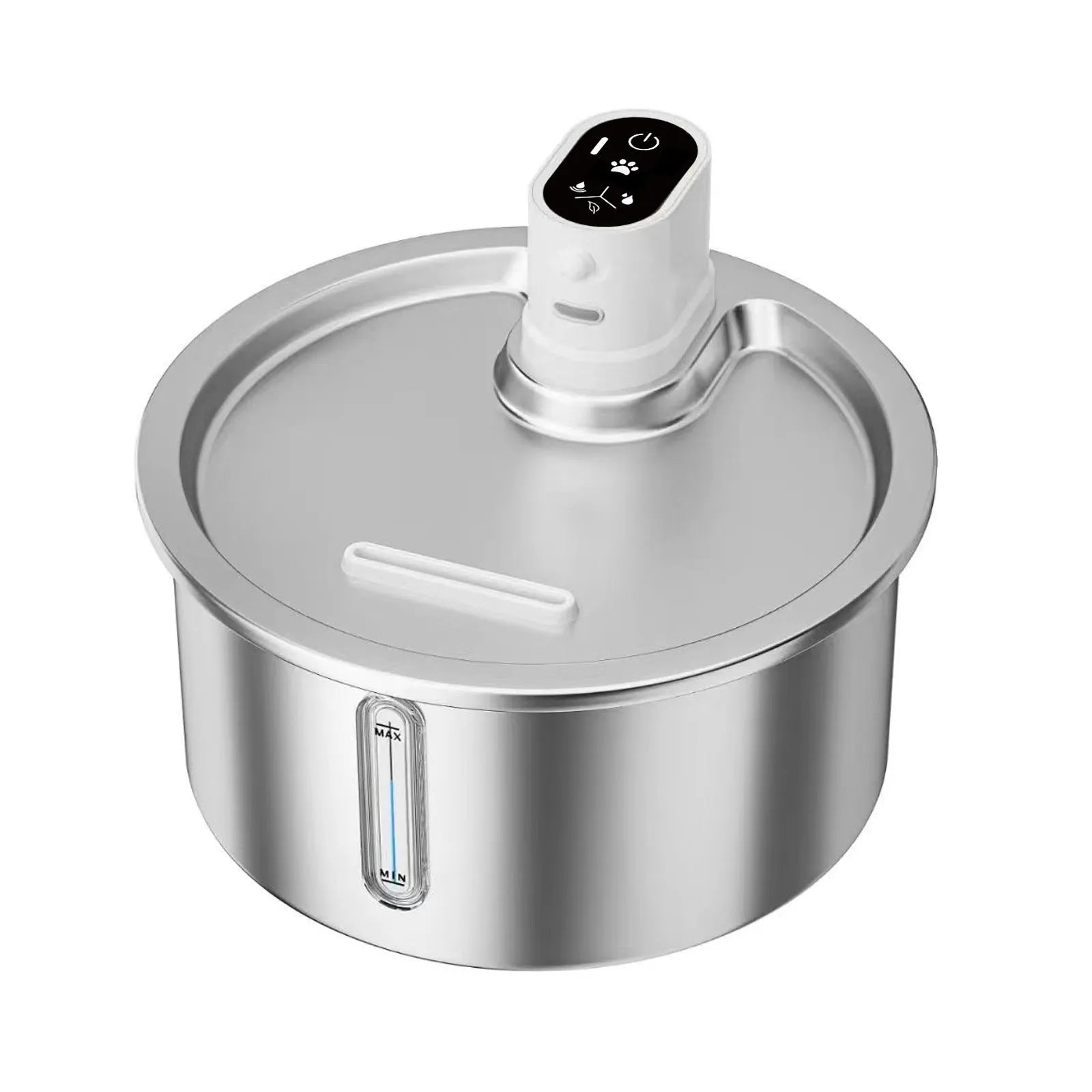 White stainless steel pet water fountain with temperature control base for cats and dogs