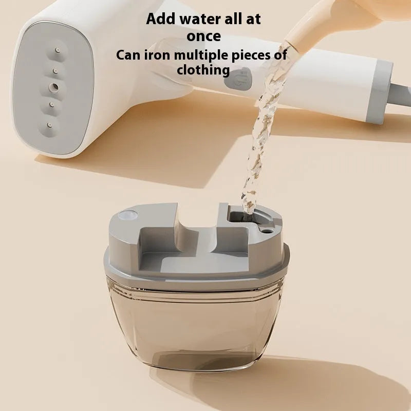 Blue and white handheld garment steamer unit showing compact design with water tank and steam nozzle