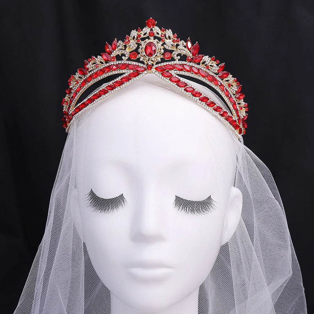 Wedding crown headdress with rhinestone and crystal in silver white finish on display