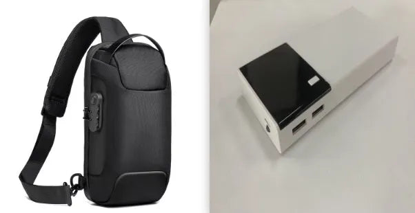 Black Rice 20000mAh power bank with charging cable, compact plastic shell design