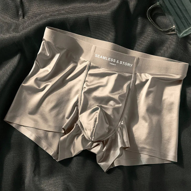 Men's ice silk satin underwear in mid waist traceless design, shown in coffee colour.