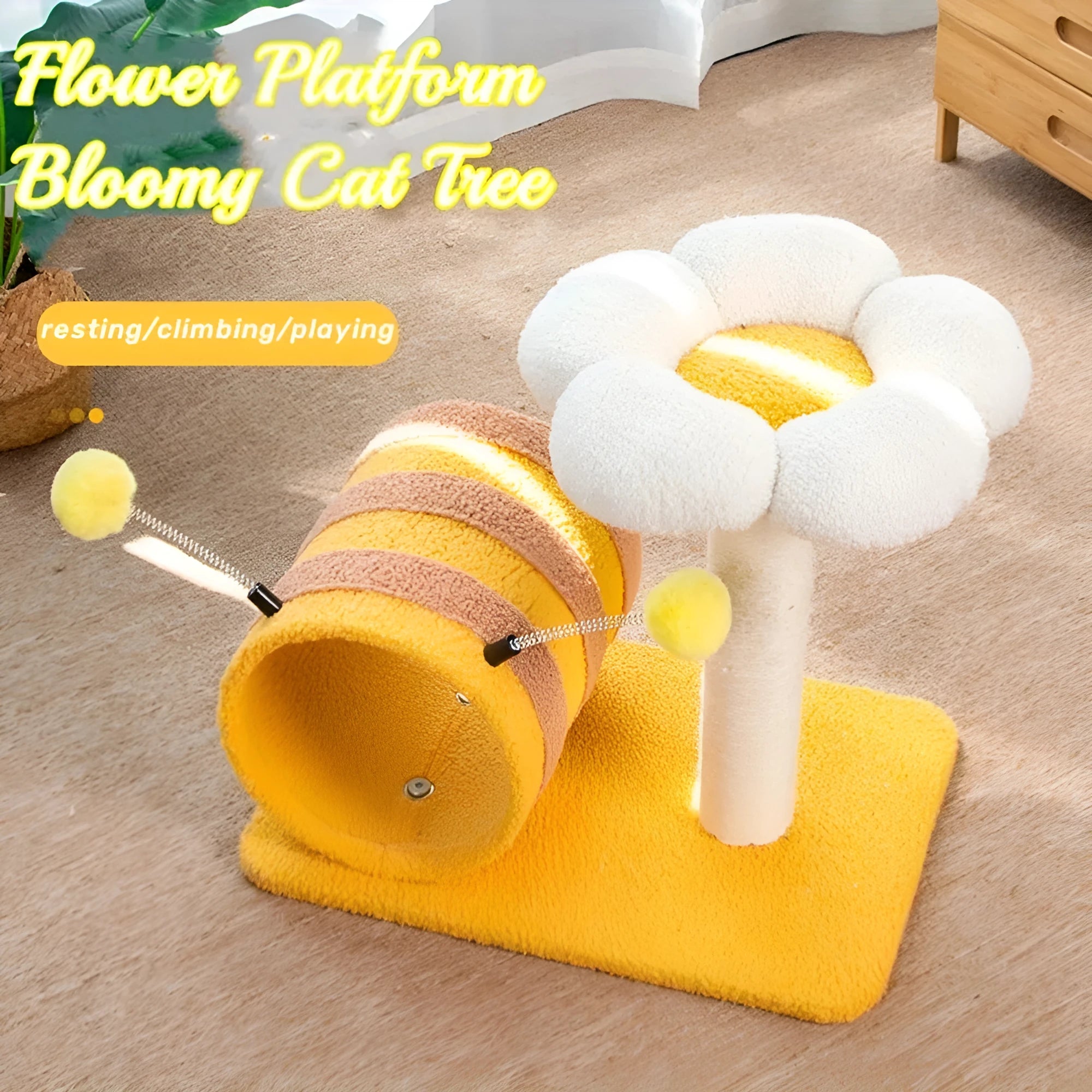 Yellow bee-themed cat climbing frame with sisal scratching boards and tunnel, dimensions 46x36x25cm