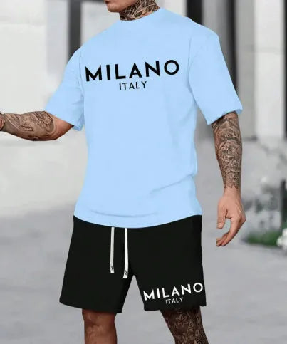Men's short sleeve suit set with round neck pullover top and matching shorts in five colour options